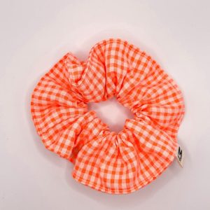 Chouchou petits carreaux vichy orange fluo