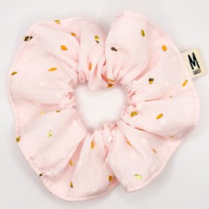 Chouchou plumetis rose dragée pois dores